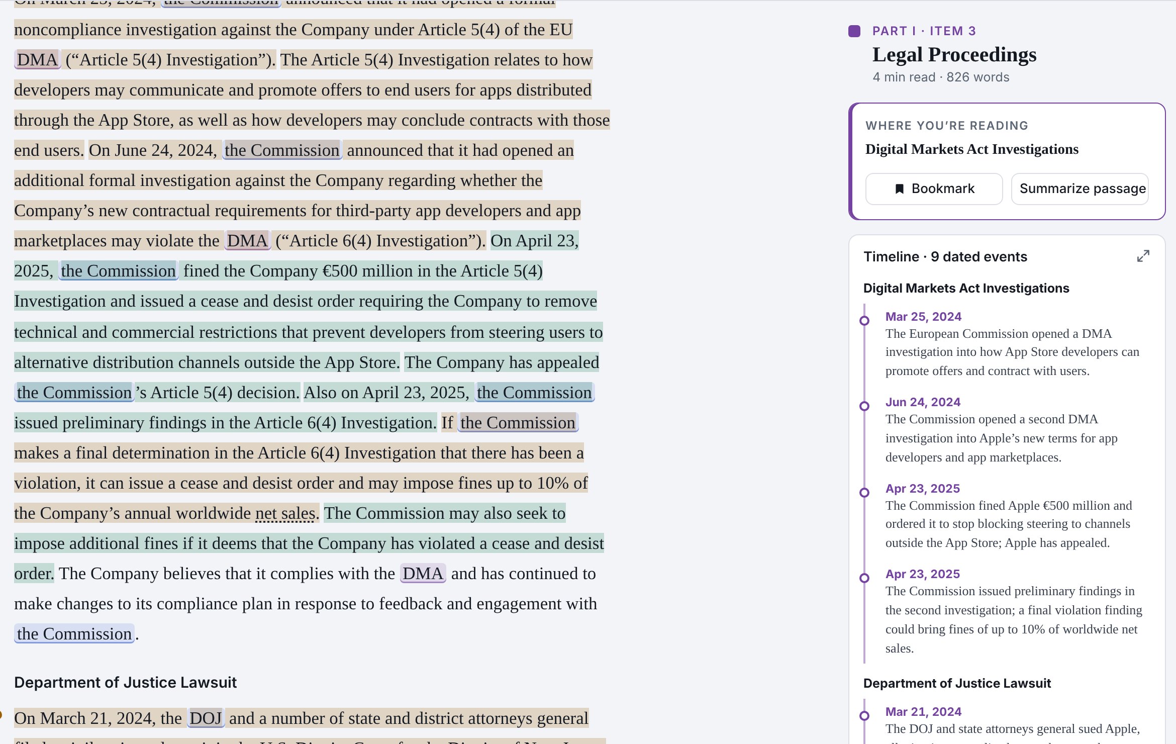 A Legal Proceedings section with a dated timeline of events in the margin
